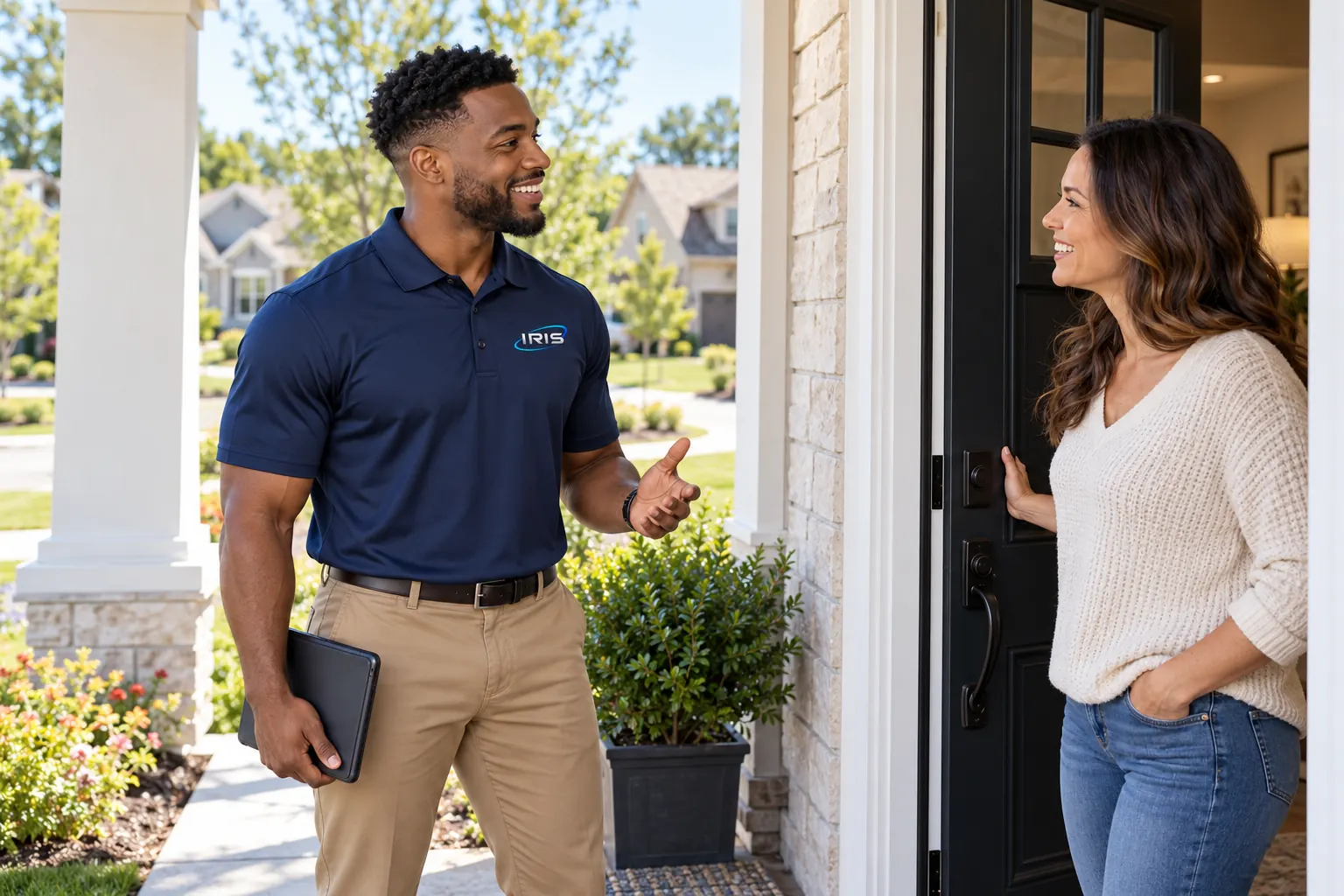 An Iris D2D rep in a navy IRIS polo talks with a smiling homeowner at her front door.