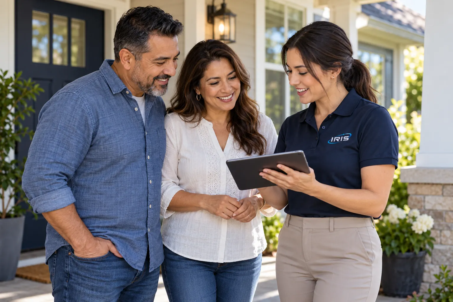 An Iris D2D rep shows a homeowner couple the details on a tablet outside their house.