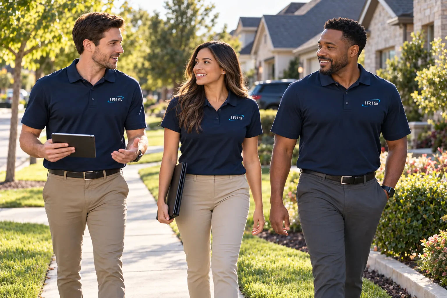 Three Iris D2D reps in navy IRIS polos walk together down a neighborhood sidewalk.